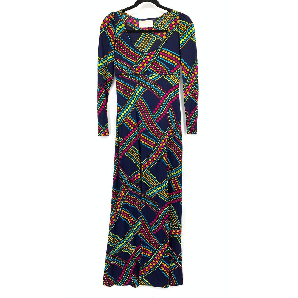 VTG Loungewear By Gossard Lounge Maxi Dress Womens Sz Small Blue Multicolor Dot